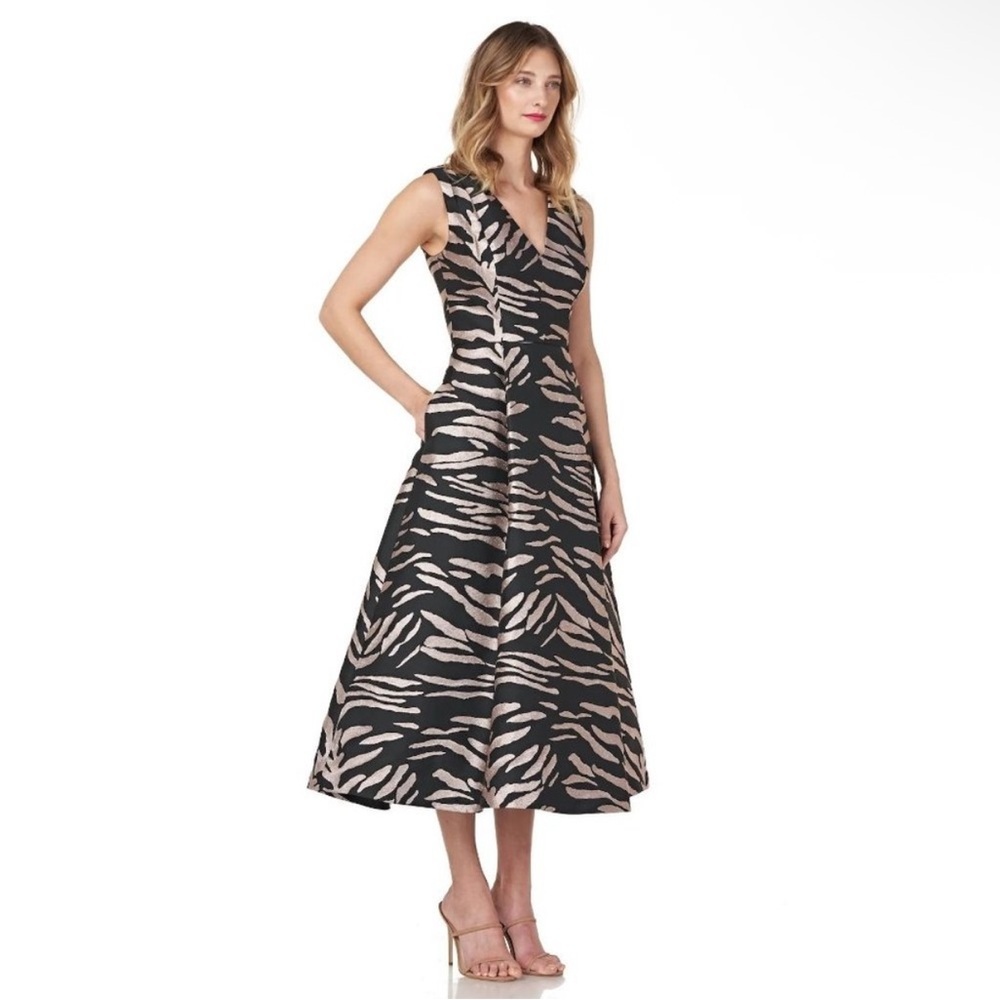 Kay Unger Black & Beige Zebra-Print V-Neck Midi Dress Cocktail Evening Gala Prom - Picture 3 of 9